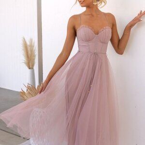 Sweetheart Neck Tulle Midi Dress | New Formal A-Line Dress w/ Criss Cross Back